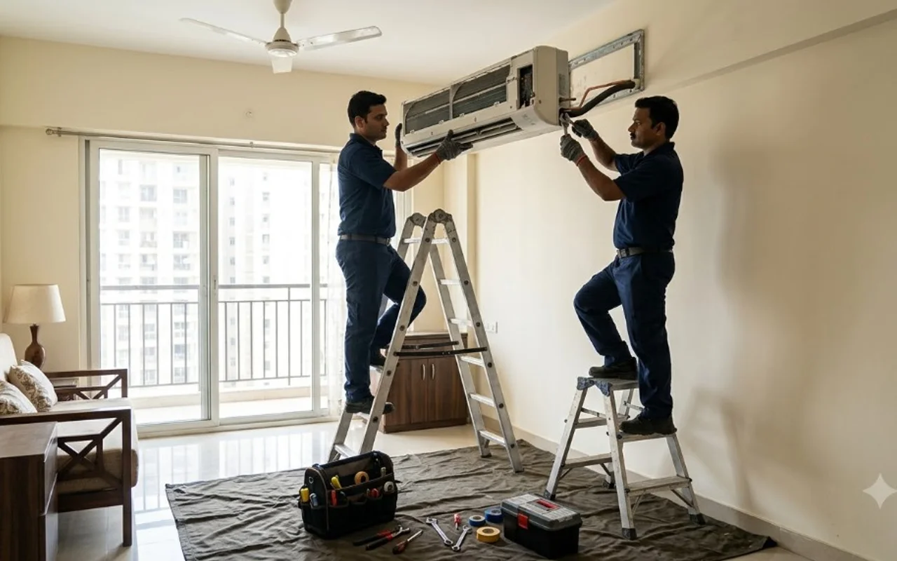 Two HVAC technicians on stepladders unmounting split AC indoor unit and disconnecting refrigerant piping safely in a Mumbai apartment