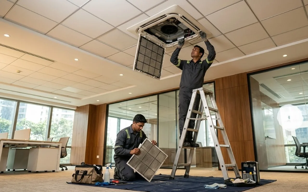 HVAC technicians on a stepladder servicing open four-way ceiling cassette AC unit and inspecting intake filter in a modern commercial office