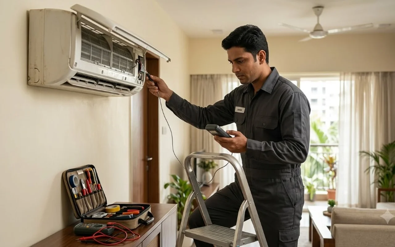 HVAC technician testing wall-mounted split AC unit with a digital multimeter and diagnostic probe during cooling repair in Mumbai apartment
