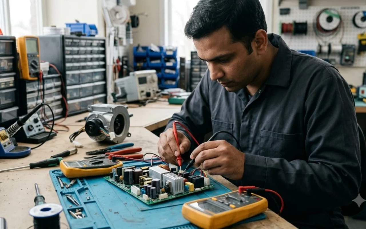 Electronics technician testing split AC inverter PCB circuit board and fan motor with a digital multimeter on a workshop test bench