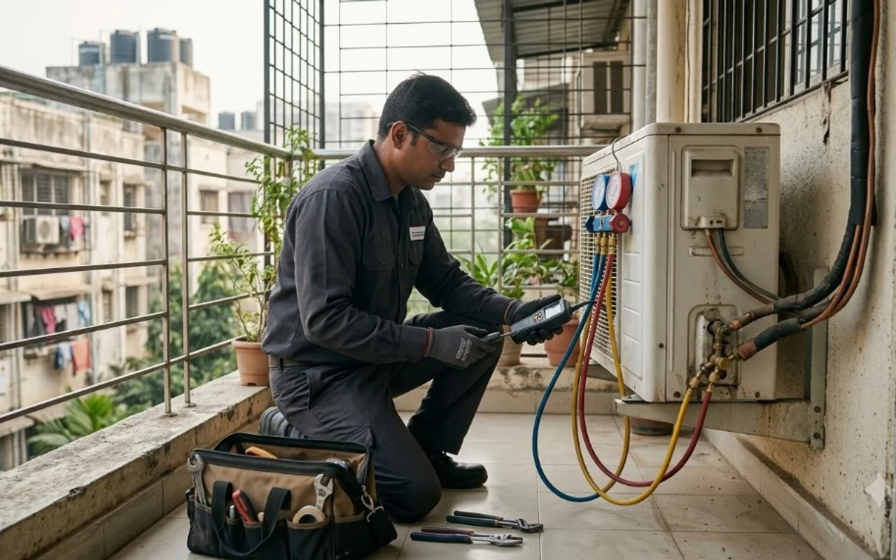 HVAC technician using manifold gauge set and digital electronic detector to trace refrigerant leak and inspect outdoor split AC unit on apartment balcony in Mumbai