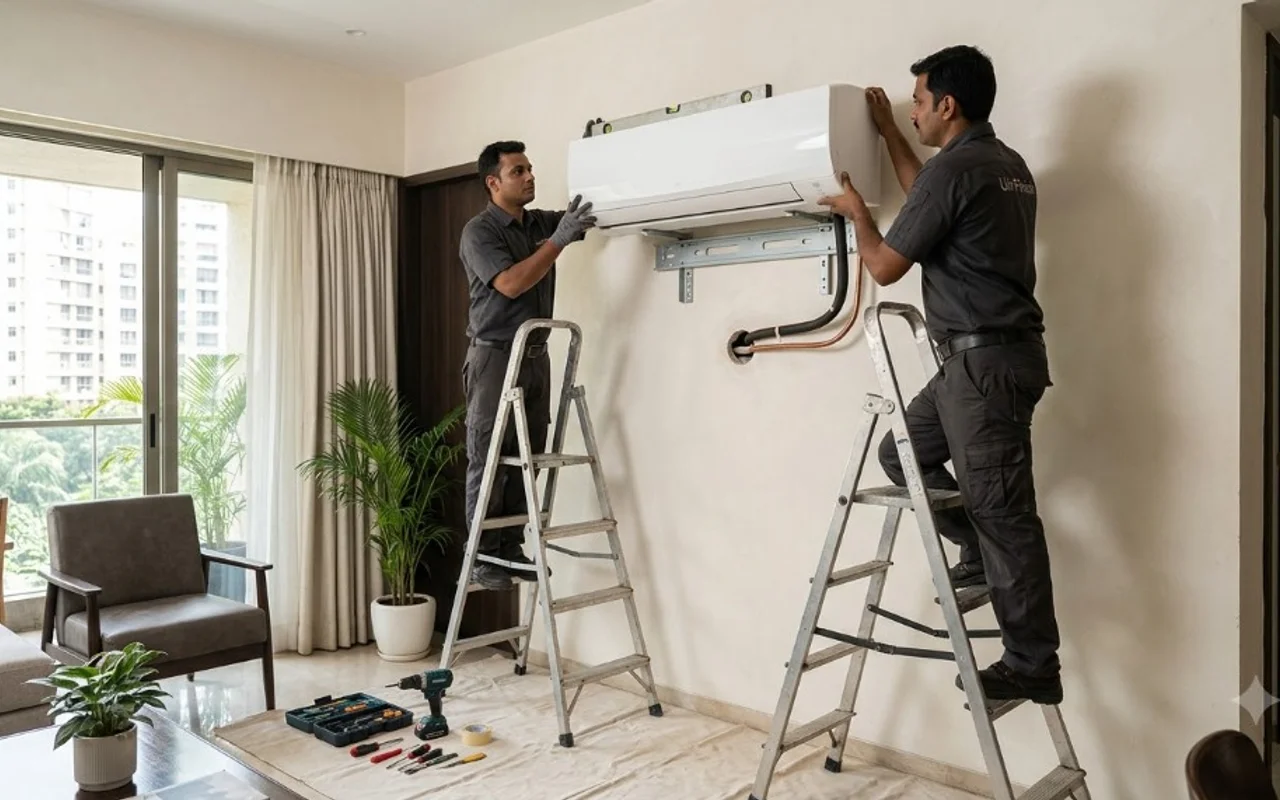 Two HVAC technicians on stepladders mounting split AC indoor unit on wall bracket with a spirit level in a Mumbai apartment