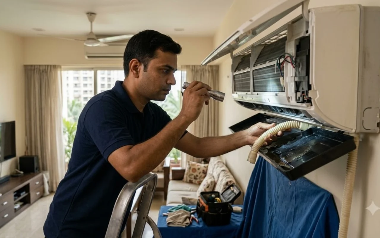 HVAC technician using a flashlight to inspect indoor split AC condensate drain pipe and water tray during leak diagnosis in a Mumbai home