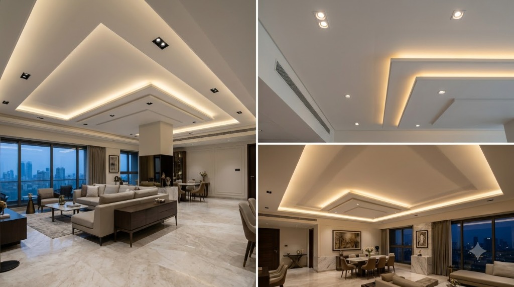 Luxury living room with stepped false ceiling design, warm ambient cove lighting, and marble floors by Uni Finish
