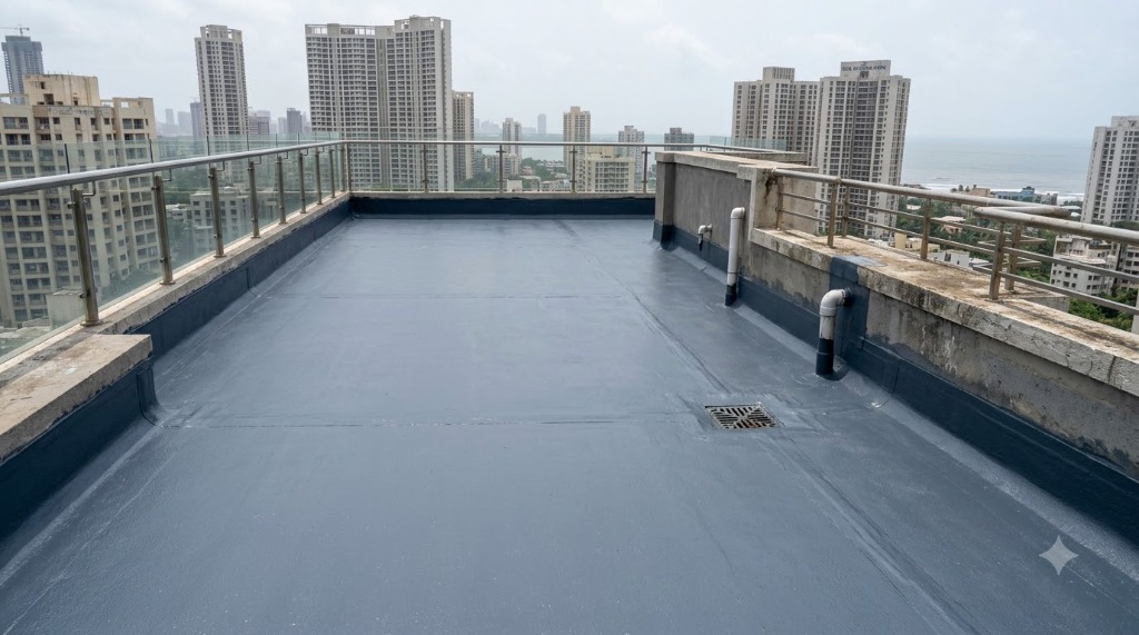 Exterior rooftop terrace with slate-gray elastomeric weatherproof coating and Mumbai skyline view by Uni Finish