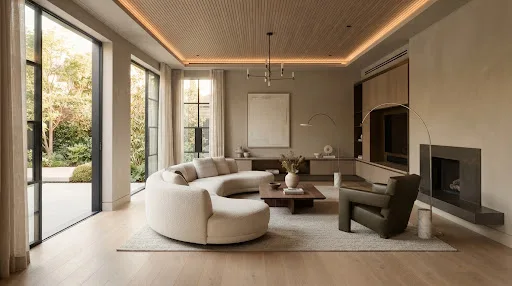 Architectural living room finished with warm cream plaster, custom woodwork, and soft cove lighting