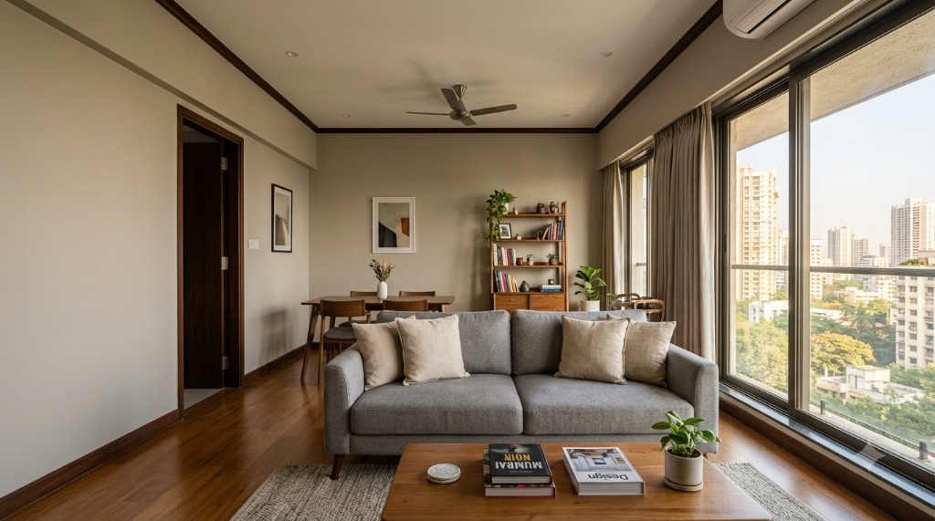Living room with neutral tone painted walls, hardwood flooring, and large window view by Uni Finish