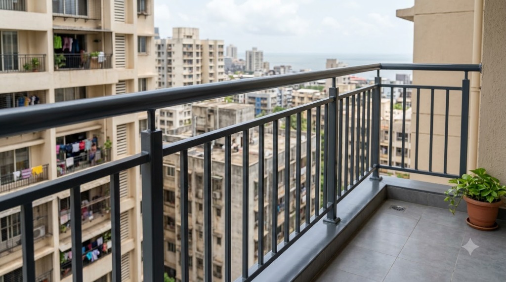 High-rise apartment balcony railing protected with anti-rust primer and satin charcoal enamel in Mumbai by Uni Finish