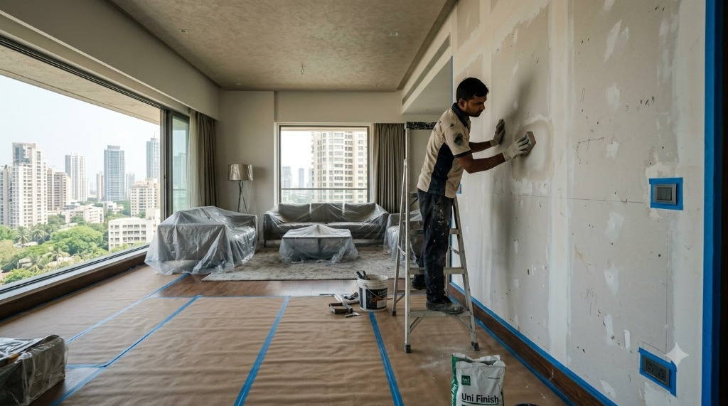 Uni Finish craftsman sanding wall in occupied Mumbai apartment with sealed floor sheeting and furniture plastic wrap