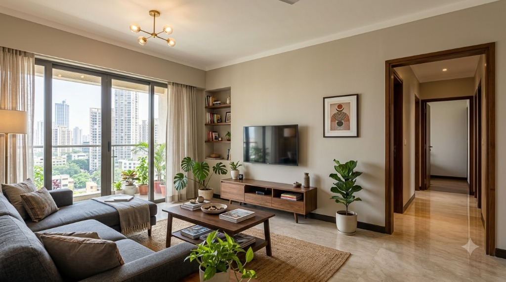 Modern Mumbai rental flat living room refreshed with warm neutral wall paint and wooden credenza by Uni Finish