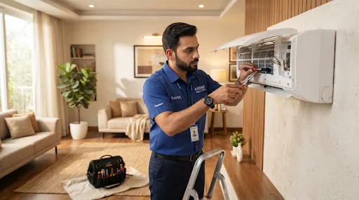 Skilled HVAC technician performing precision pressure cleaning on residential air conditioning