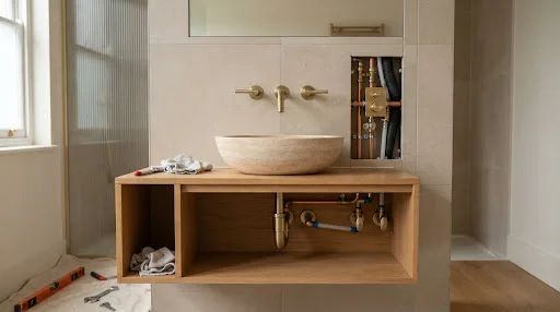 Concealed plumbing and modern thermostatic fixtures installation