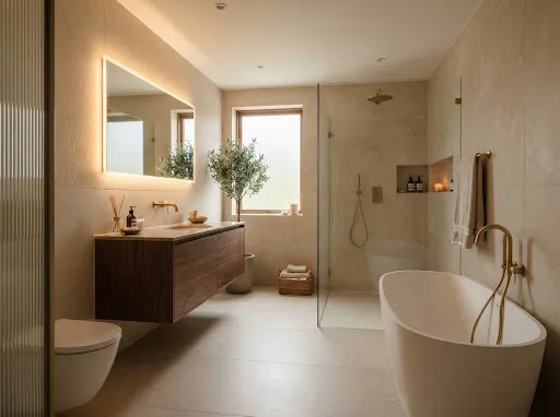 Modern luxury bathroom with elegant stone tiling and concealed drainage channels