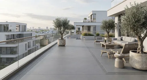Modern residential terrace finished with seamless stone gray waterproofing screed