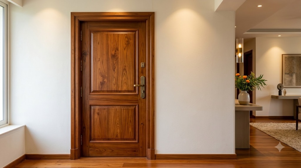 Restored solid teak wood door with clear satin polyurethane (PU) polish and warm architectural lighting by Uni Finish